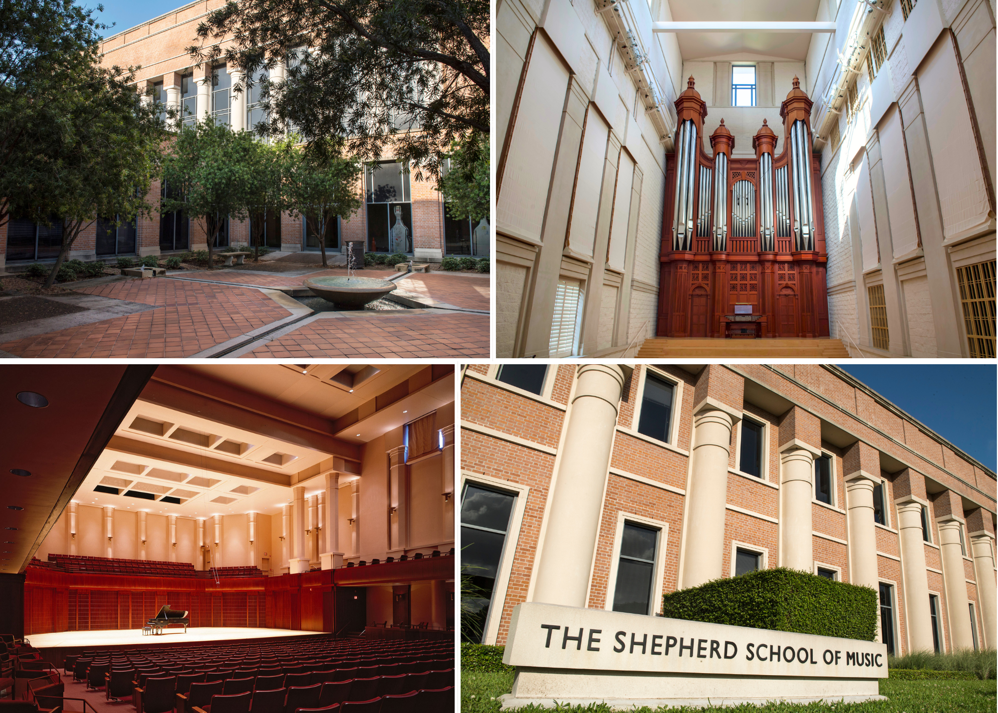 Collage of Alice Pratt Brown Hall: interior courtyard (1), Organ Hall (2), Stude Concert Hall (3), and the exterior (4)