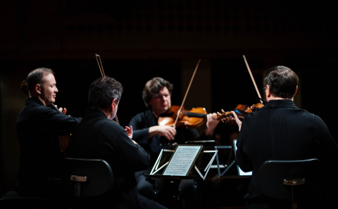 The side view of four men performing in a string quartet, wearing black clothes in front of a black background