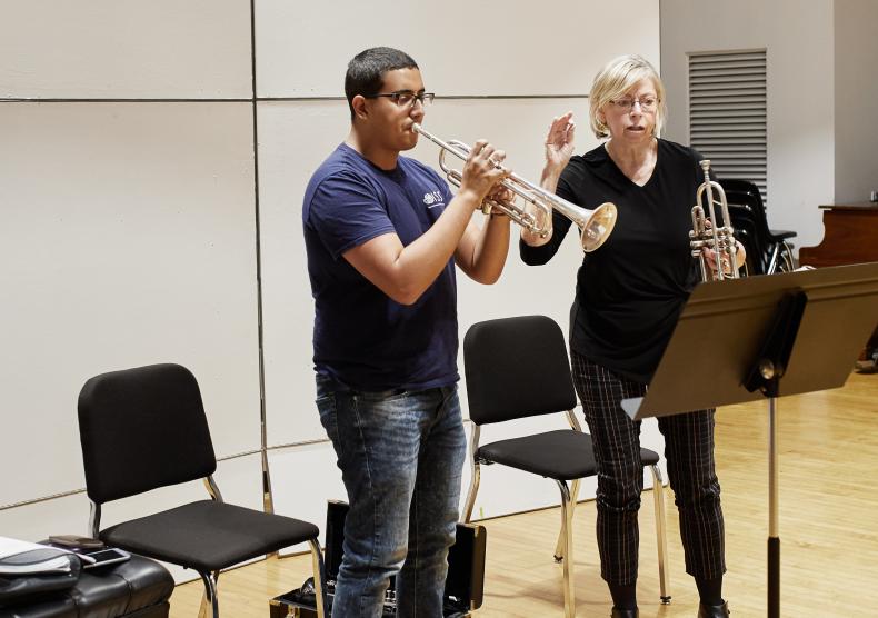Student in a trumpet lesson with Professor Barbara Butler