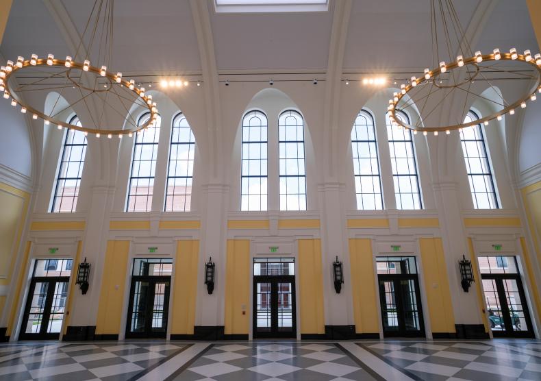 View of the Brockman Hall Grand Foyer from the staircase