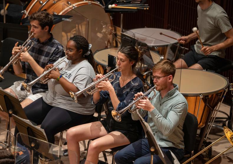 Trumpet section during Shepherd School Symphony Orchestra rehearsal, spring 2023