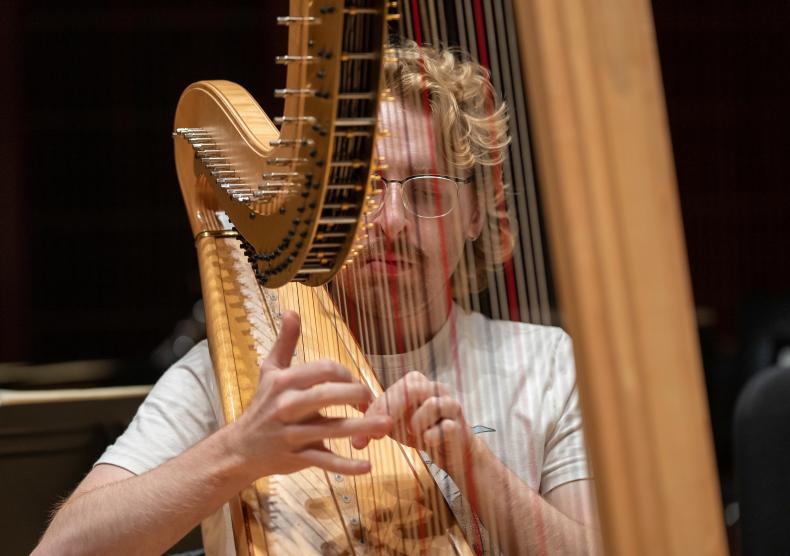 Close up of Shepherd School harp student