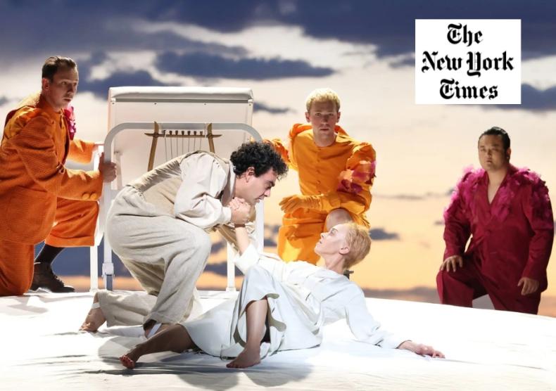 Rolando Villazón, front left, and Lauren Snouffer in Yuval Sharon’s new staging of Monteverdi’s “L’Orfeo,” styled as “Orfeo” at Santa Fe Opera. Credit Curtis Brown