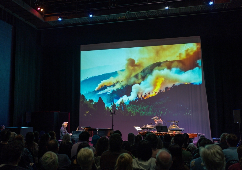 "Birds Are Real" performance photo featuring faculty members Brian Connelly on piano and Matthew Strauss on percussion