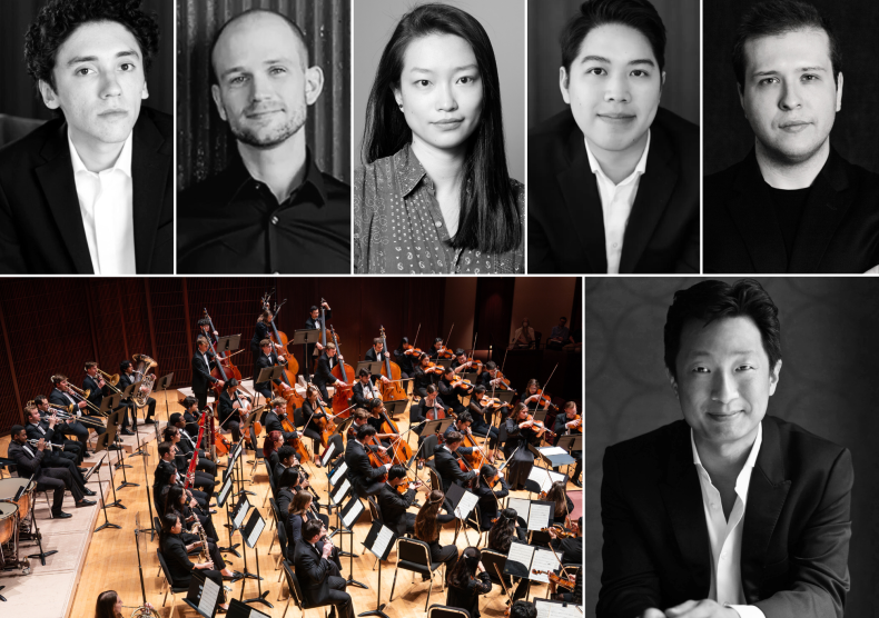 Collage of featured composition alumni, Jerry Hou, and the Shepherd School Symphony Orchestra