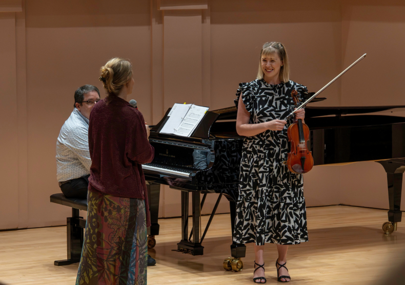 Leila Josefowicz leads a violin master class with student Fiona Shea in Duncan Recital Hall
