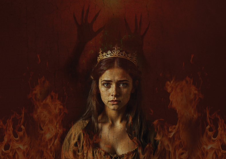 A young woman (Pamina) with a frightened expression stands in front of flames of fire, with a dark looming presence behind her (Queen of the Night)