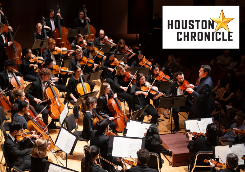 Orchestra performance photo with Houston Chronicle logo overlaid