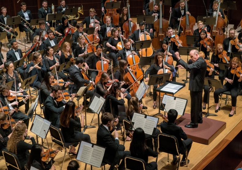 Larry Rachleff conducts the Shepherd School Symphony Orchestra - view of the stage from upper balcony left