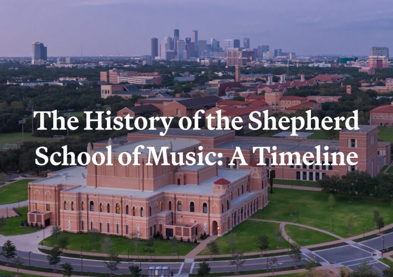 Aerial image of the Shepherd School of Music's two brick buildings at sunset, with the Houston skyline in the background, and the text "The History of the Shepherd School of Music: A Timeline" overlaid