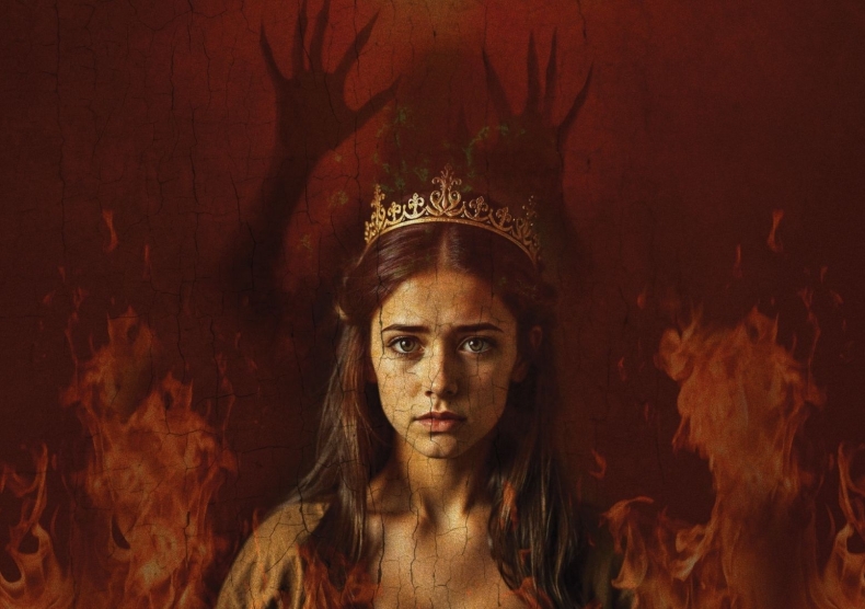 A young woman (Pamina) with a frightened expression stands in front of flames of fire, with a dark looming presence behind her (Queen of the Night)