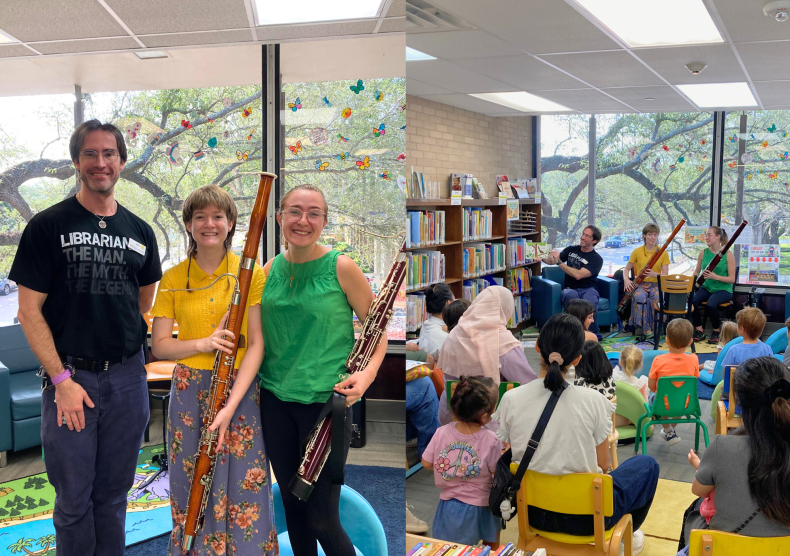 Collage of two photos: in the first, a man and two female bassoonists pose for a photo, in the second, the same three people present a performance to kids and parents