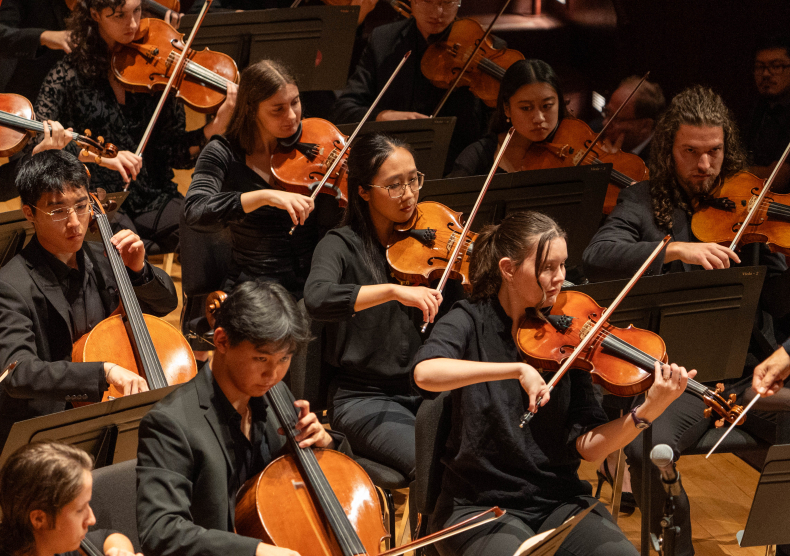 Violists and cellists in concert black attire perform in an orchestra concert