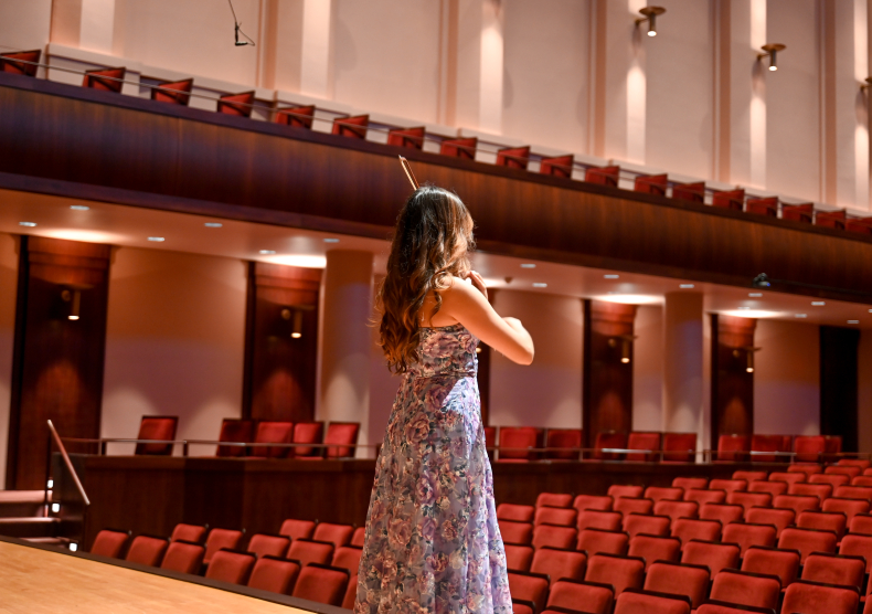 The back view of a violinist in a light purple dress performing on a stage in front of rows of red seats