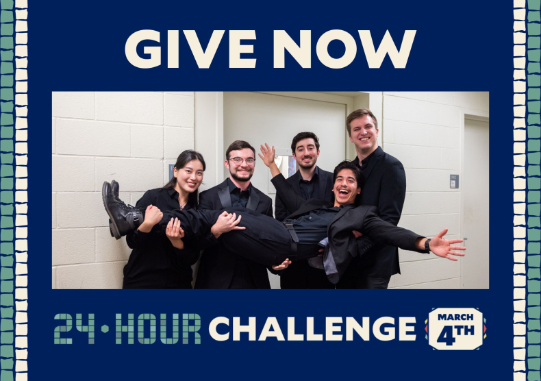 Four students hold up a student horizontally with their hands outstretched (all smiling) - with the words "Give Now" and "24-Hour Challenge March 4th"