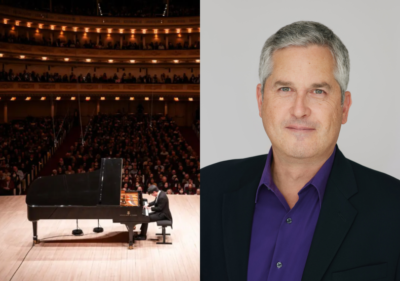 Collage: left image is a view from stage of a pianist performing in a hall; right image is a headshot