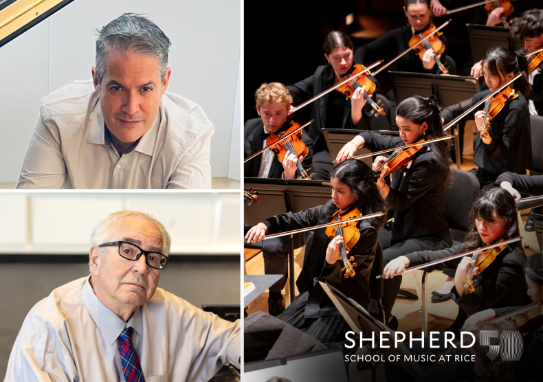 Collage of two headshots and an orchestra performance photo
