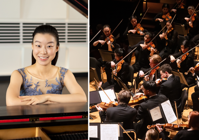 Collage of headshot and orchestra performance photo