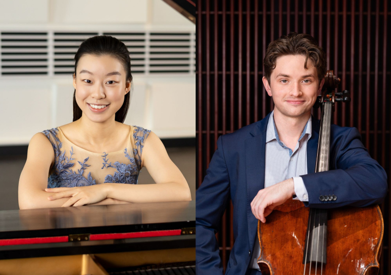 Collage: two headshots of a pianist and cellist