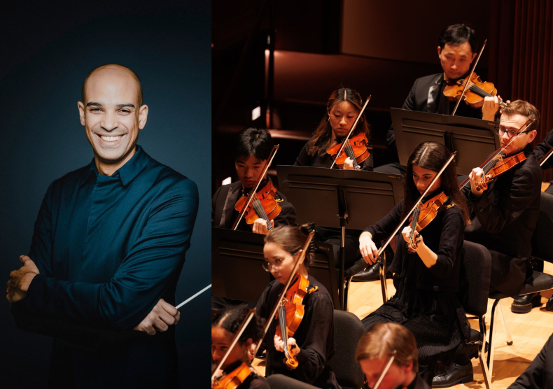 Collage of headshot of guest conductor and violinists in orchestra