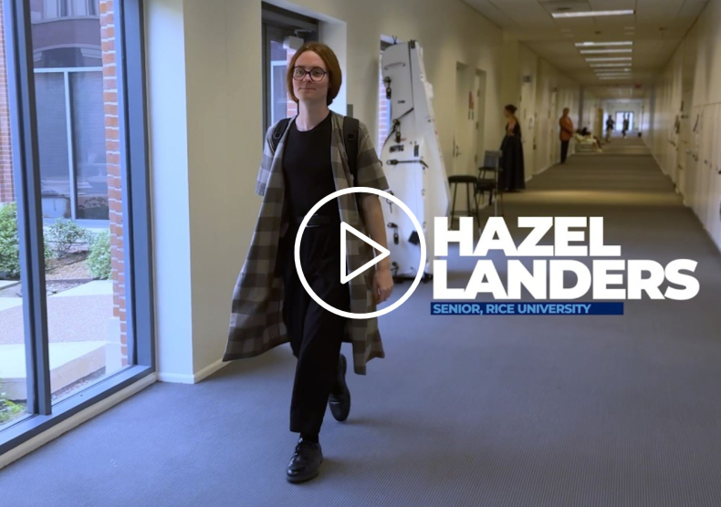 A person wearing black and a long plaid sweater walks in a hallway with gray carpet and white walls; overlaid is the text "Hazel Landers; Senior at Rice University"