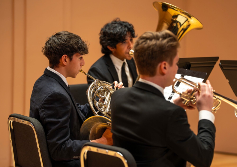 Three brass students perform in Duncan Recital Hall