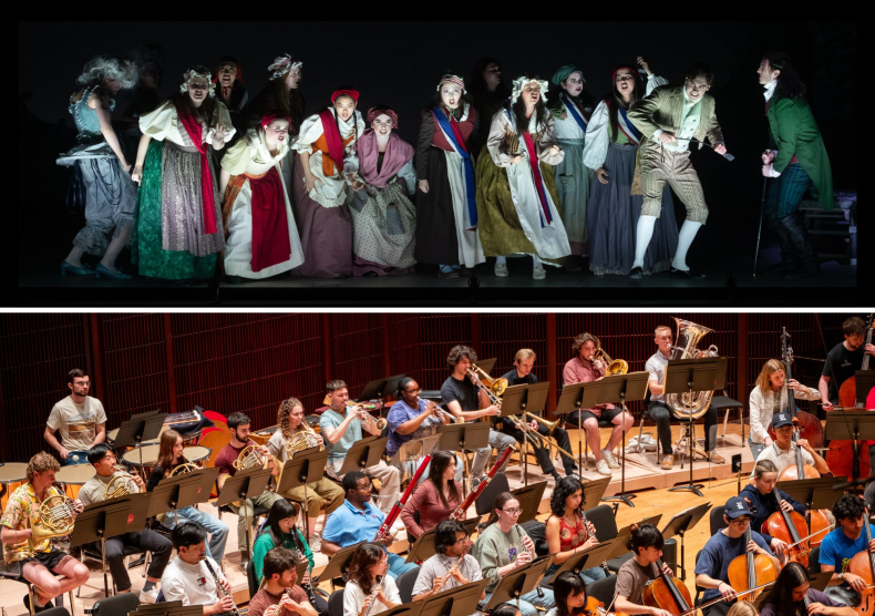 Collage of two photos on top of each other: an ensemble from an opera production and a rehearsal photo of an orchestra