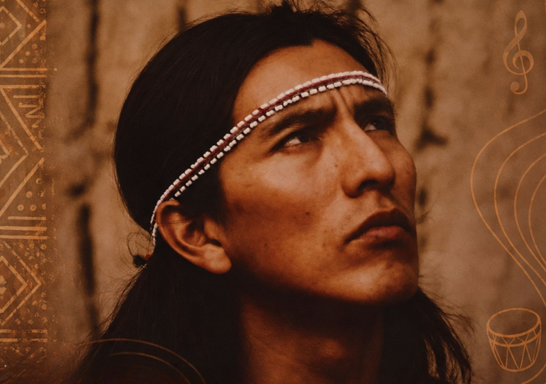 A man with a headband across his forehead looks sternly up to his left; the photo has a sepia hue