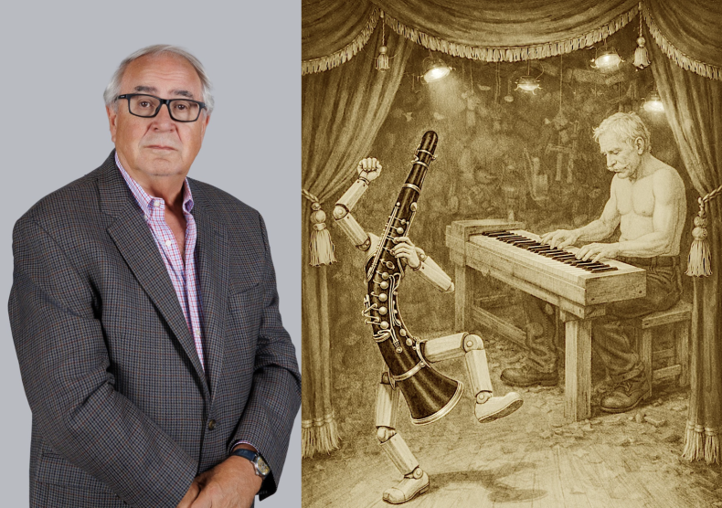 Collage: Headshot and cartoon graphic