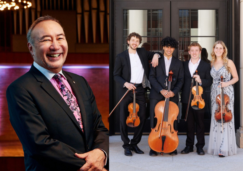 Collage of two photos: a headshot of a man and a group of four musicians with string instruments
