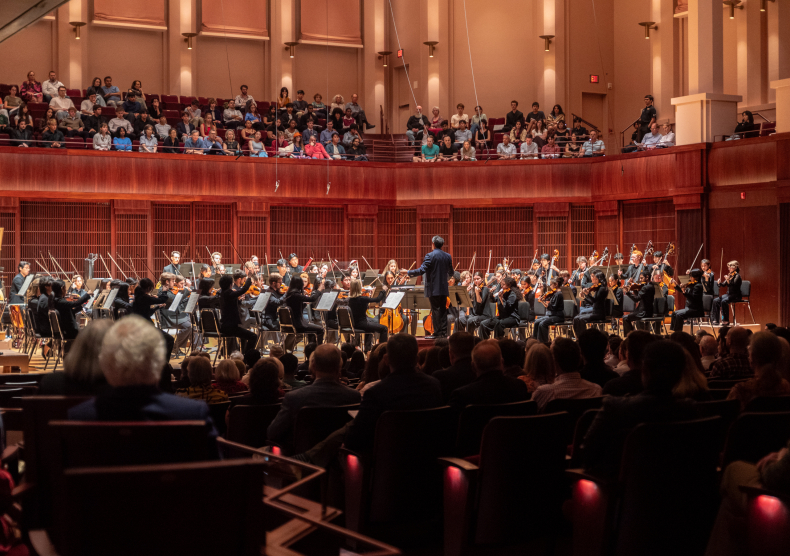 Orchestra performance in a full hall