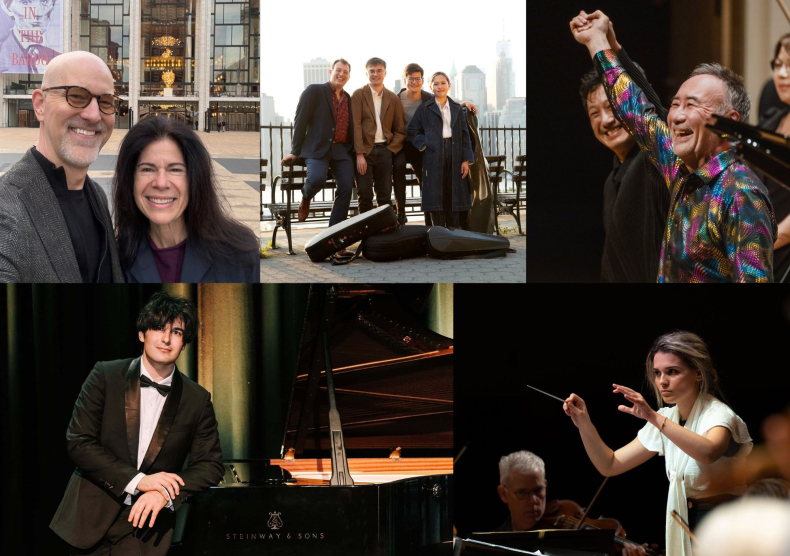 Collage of five photos: A selfie of a man and woman, a quartet posed in front of a fence, two men holding hands while bowing, a man leaning on a piano, and a woman conducting