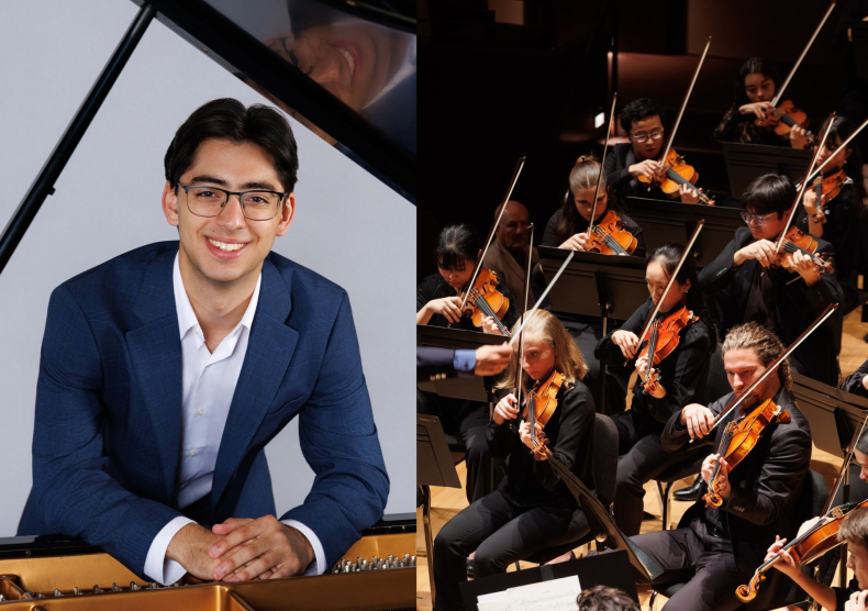 Collage of two photos: a headshot of a man at a piano and the violin section of an orchestra performing